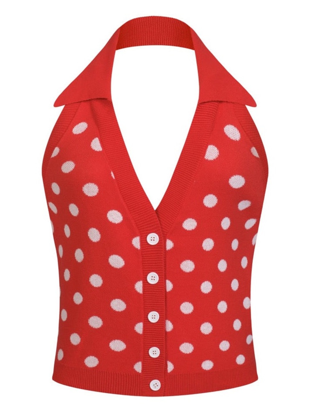 WOMEN'S RED RETRO POLKA DOT STYLE HALTER KNIT VEST XL